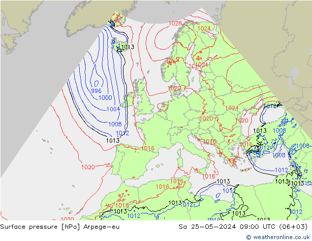 地面气压 Arpege-eu 星期六 25.05.2024 09 UTC