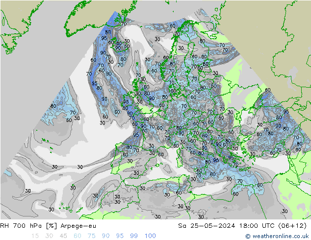 RH 700 гПа Arpege-eu сб 25.05.2024 18 UTC