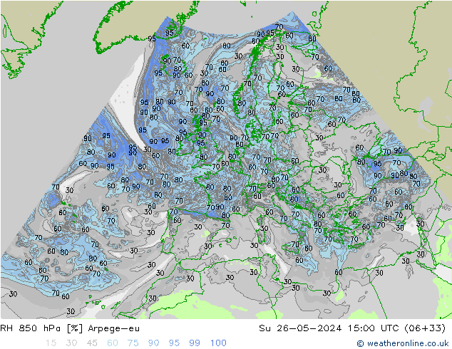 Humedad rel. 850hPa Arpege-eu dom 26.05.2024 15 UTC