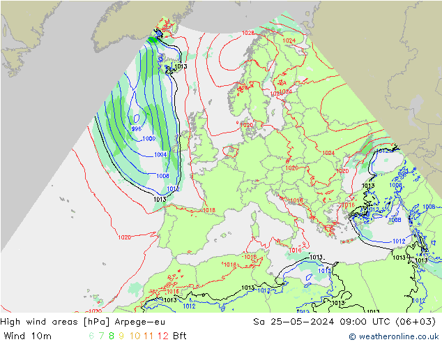 High wind areas Arpege-eu So 25.05.2024 09 UTC