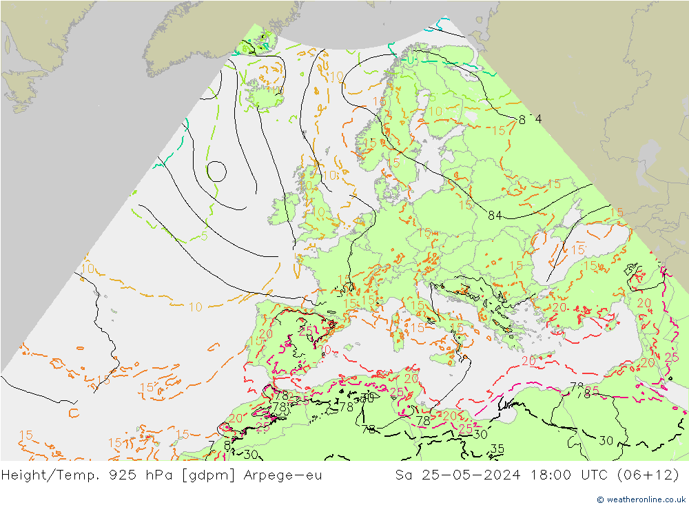 Height/Temp. 925 hPa Arpege-eu Sa 25.05.2024 18 UTC