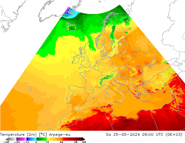 温度图 Arpege-eu 星期六 25.05.2024 09 UTC