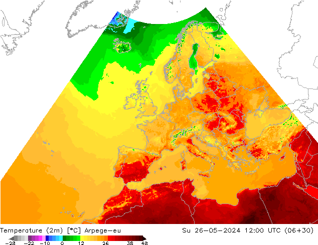 Temperatura (2m) Arpege-eu dom 26.05.2024 12 UTC