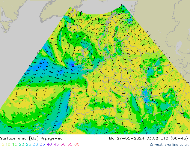 Surface wind Arpege-eu Mo 27.05.2024 03 UTC