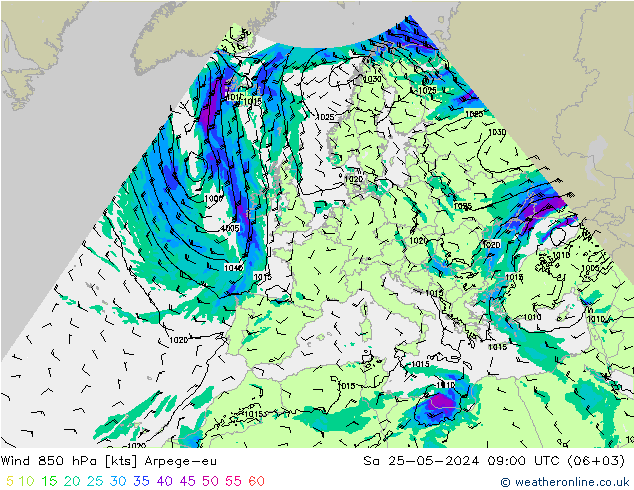 ветер 850 гПа Arpege-eu сб 25.05.2024 09 UTC