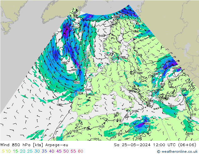 Wind 850 hPa Arpege-eu Sa 25.05.2024 12 UTC