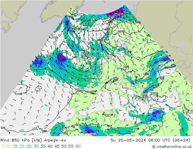 Wind 850 hPa Arpege-eu Ne 26.05.2024 06 UTC