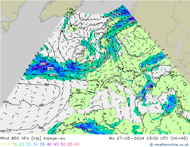 Wind 850 hPa Arpege-eu Po 27.05.2024 03 UTC