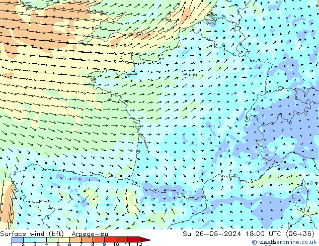 Surface wind (bft) Arpege-eu Su 26.05.2024 18 UTC