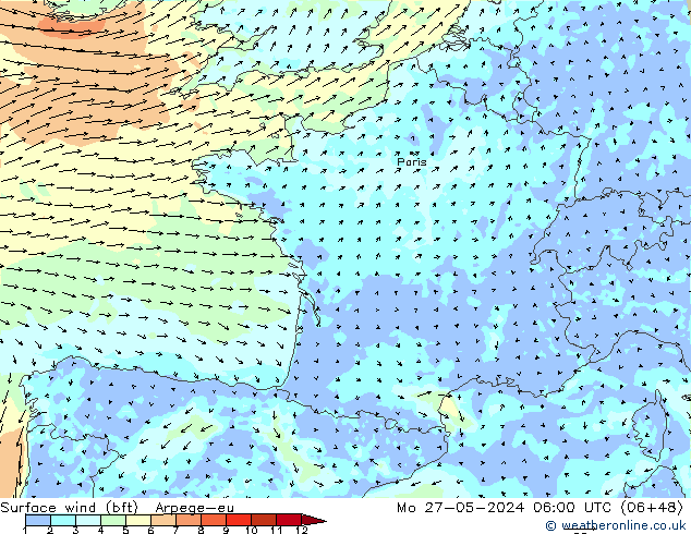 ве�Bе�@ 10 m (bft) Arpege-eu пн 27.05.2024 06 UTC