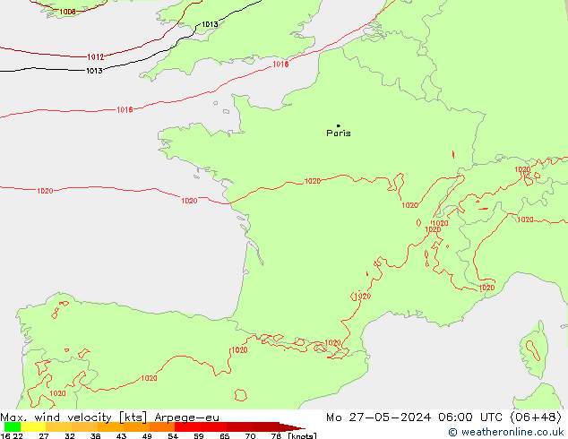 Max. wind velocity Arpege-eu пн 27.05.2024 06 UTC