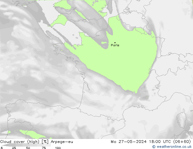 Cloud cover (high) Arpege-eu Mo 27.05.2024 18 UTC