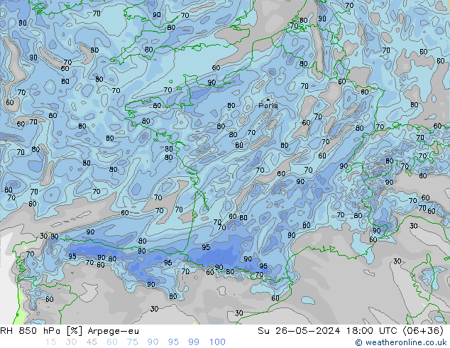 RH 850 hPa Arpege-eu Su 26.05.2024 18 UTC