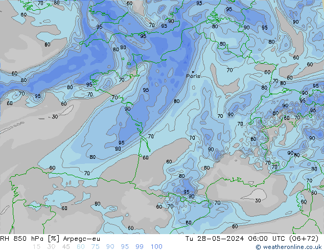 RH 850 hPa Arpege-eu Ter 28.05.2024 06 UTC