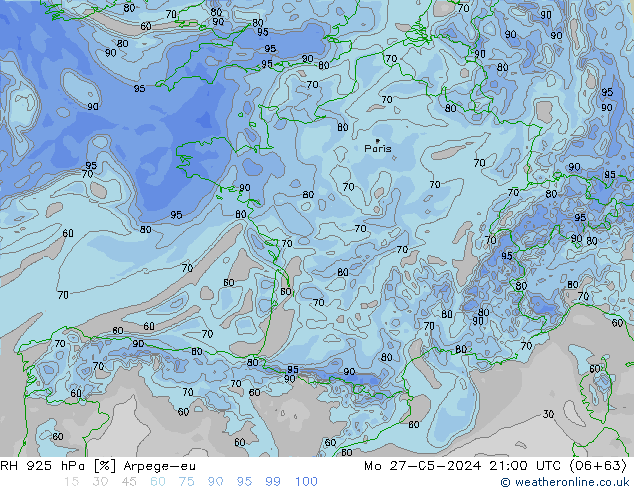 RH 925 hPa Arpege-eu lun 27.05.2024 21 UTC