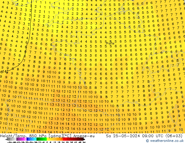 Géop./Temp. 850 hPa Arpege-eu sam 25.05.2024 09 UTC