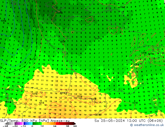 SLP/Temp. 850 hPa Arpege-eu Sa 25.05.2024 12 UTC