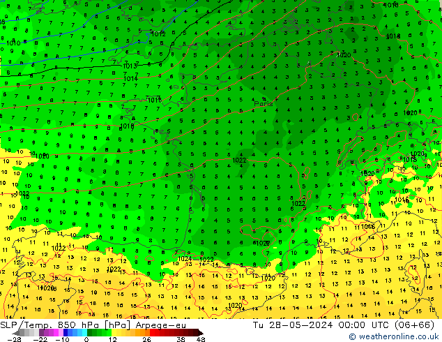 850 hPa Yer Bas./Sıc Arpege-eu Sa 28.05.2024 00 UTC