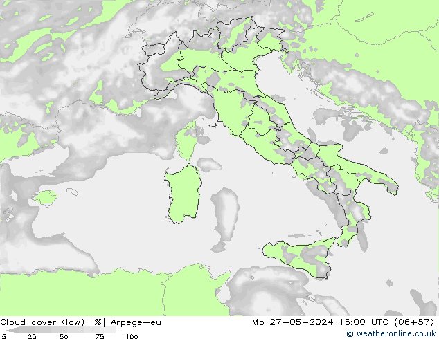 Cloud cover (low) Arpege-eu Mo 27.05.2024 15 UTC