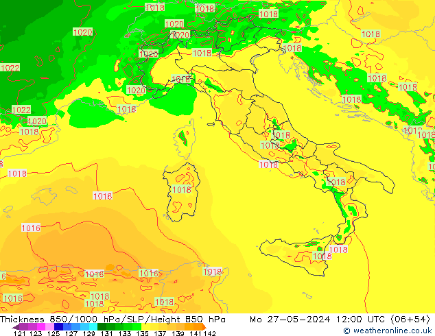 Thck 850-1000 hPa Arpege-eu pon. 27.05.2024 12 UTC