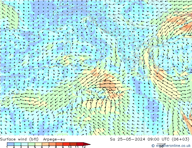 Vento 10 m (bft) Arpege-eu Sáb 25.05.2024 09 UTC