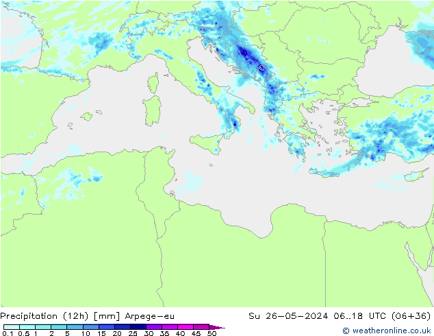 Precipitação (12h) Arpege-eu Dom 26.05.2024 18 UTC