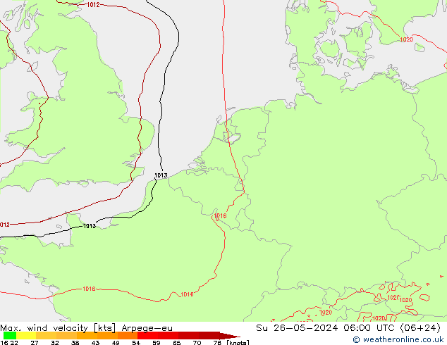 Max. wind velocity Arpege-eu Su 26.05.2024 06 UTC