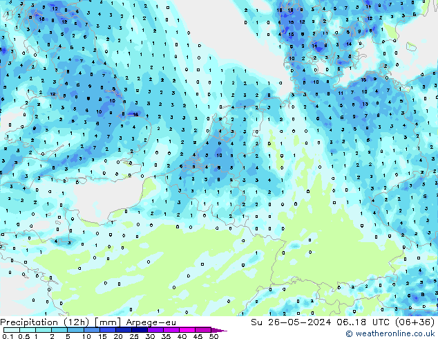 Precipitazione (12h) Arpege-eu dom 26.05.2024 18 UTC