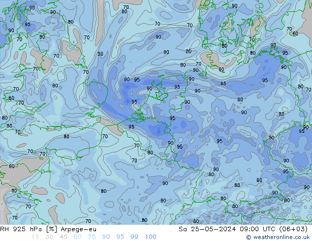 RH 925 hPa Arpege-eu 星期六 25.05.2024 09 UTC