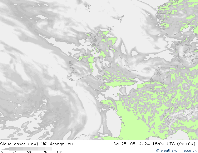 Cloud cover (low) Arpege-eu Sa 25.05.2024 15 UTC