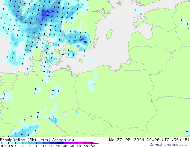 Precipitazione (6h) Arpege-eu lun 27.05.2024 06 UTC