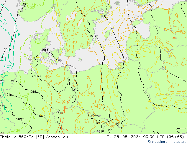 Theta-e 850hPa Arpege-eu Tu 28.05.2024 00 UTC