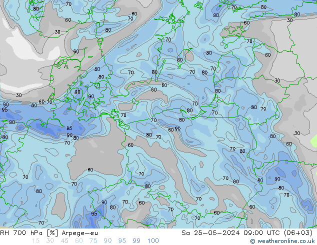 RH 700 hPa Arpege-eu Sa 25.05.2024 09 UTC