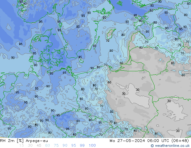 RH 2m Arpege-eu pon. 27.05.2024 06 UTC