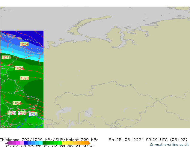 700-1000 hPa Kalınlığı Arpege-eu Cts 25.05.2024 09 UTC