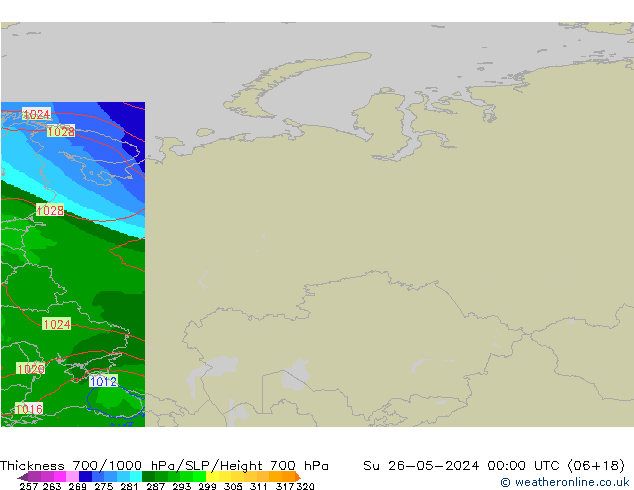 Thck 700-1000 hPa Arpege-eu Su 26.05.2024 00 UTC