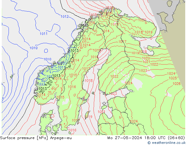 Pressione al suolo Arpege-eu lun 27.05.2024 18 UTC