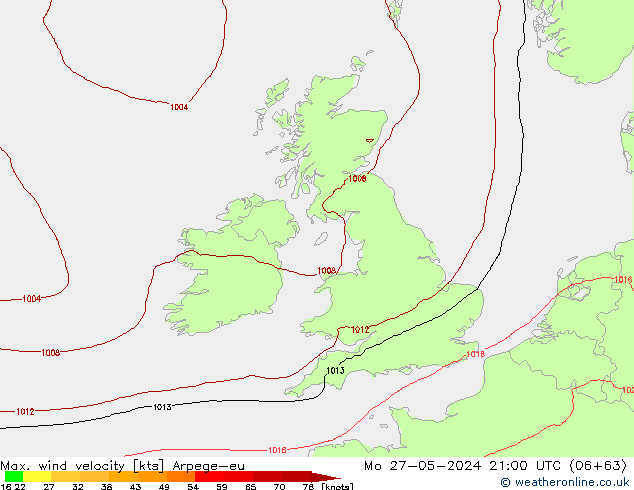 Max. wind velocity Arpege-eu lun 27.05.2024 21 UTC