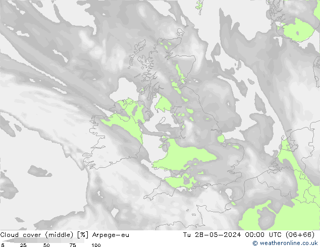 Cloud cover (middle) Arpege-eu Tu 28.05.2024 00 UTC