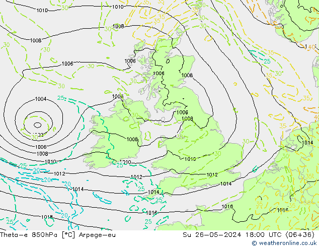 Theta-e 850hPa Arpege-eu Su 26.05.2024 18 UTC