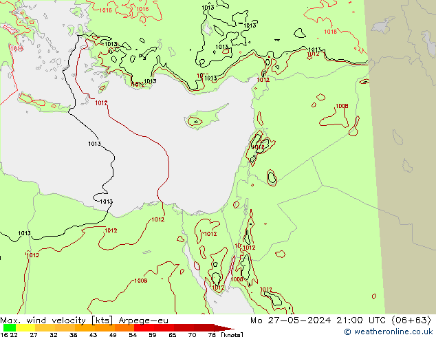 Max. wind velocity Arpege-eu lun 27.05.2024 21 UTC