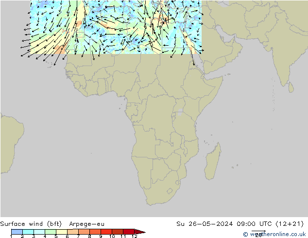 Surface wind (bft) Arpege-eu Su 26.05.2024 09 UTC