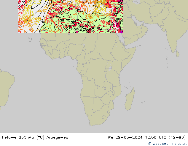 Theta-e 850hPa Arpege-eu We 29.05.2024 12 UTC