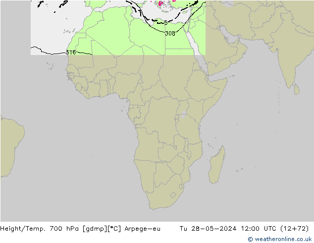 Height/Temp. 700 hPa Arpege-eu Tu 28.05.2024 12 UTC