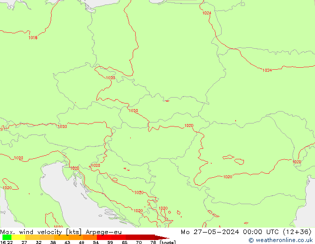 Max. wind velocity Arpege-eu Mo 27.05.2024 00 UTC