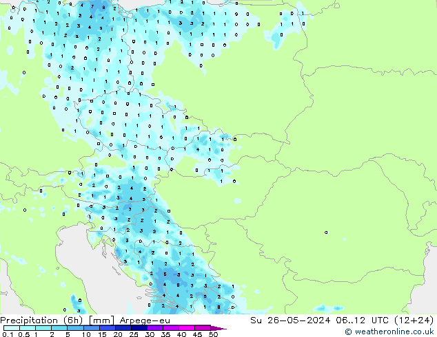 Precipitation (6h) Arpege-eu Su 26.05.2024 12 UTC