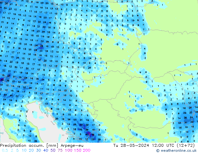 Totale neerslag Arpege-eu di 28.05.2024 12 UTC