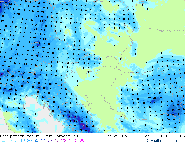 Precipitation accum. Arpege-eu  29.05.2024 18 UTC