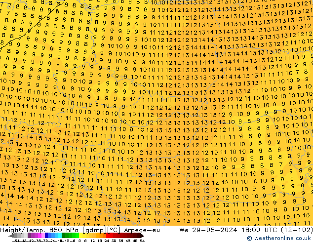 Height/Temp. 850 гПа Arpege-eu ср 29.05.2024 18 UTC