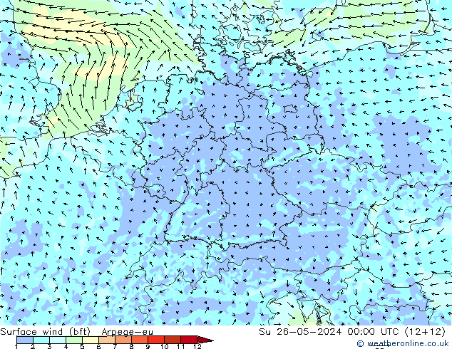 Bodenwind (bft) Arpege-eu So 26.05.2024 00 UTC